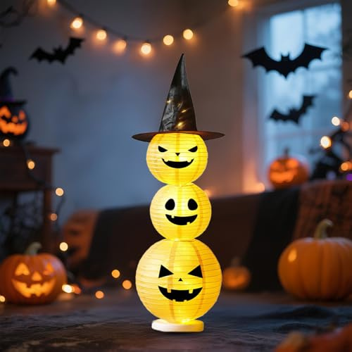 Halloween Kürbis Deko mit Licht, Halloween Deko Kürbis Laterne mit 3M Lichterkette, LED Kürbis Laterne mit Blinkende Modi, Leuchtende Kürbisse Stehender für Helloween Deko Innen und Outdoor (125 cm)