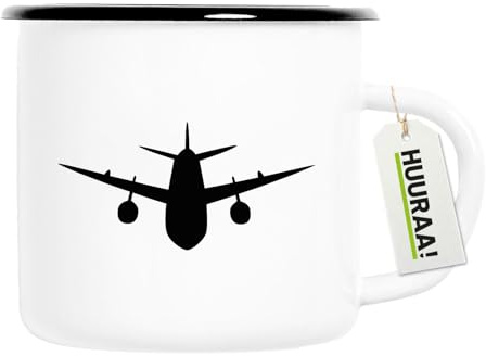 Huuraa Emaille Tasse Flugzeug Flieger Geschenk | 300ml Becher Weiß mit Schwarzem Rand Vintage Campingbecher Geschenkidee Kaffeetasse als Wohnwagen Zubehör Campingtasse
