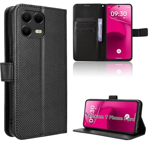 Rojeuinn Hülle für Telekom T Phone 3 pro Handyhülle-Hülle Stoßfest Case Cover-Handy Case in Premium Kohlefaser [Klappbar Flip] [Standfunktion Tasche] -Schwarz