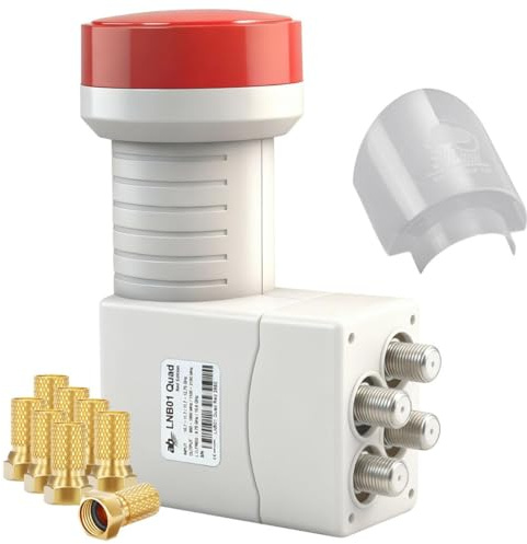 [Test SEHR GUT, Note 1.4 *] AB Quad LNB mit Wetterschutzkappe für 4 Teilnehmer, 4K UHD LNC für Satelliten Schüssel Antenne, 4-Fach Direktanschluss an Sat Receiver & TV, inkl. 8X Nonic F-Stecker