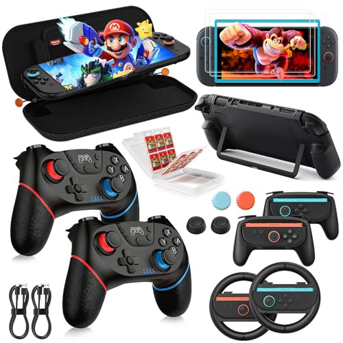 17-en-1 Accessoires Bundle pour Nintendo Switch 2, 2*Manette Pro Switch 2 | Étui Tout En Un, Poignées Joycon, Verre Trempé, Coque Protectrice, Volants, Étui À Cartes Et Capuchon Joystick