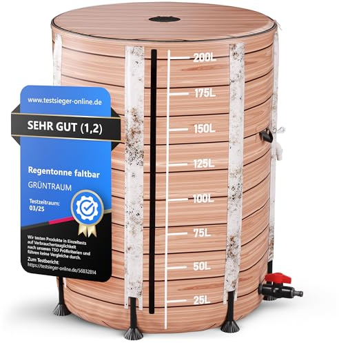 GRÜNTRAUM Cisterna pieghevole da 200L – Barile per acqua piovana con aspetto legno/Cisterna per acqua piovana/Serbatoio pieghevole – Barile per acqua stabile – Resistente alle intemperie – con