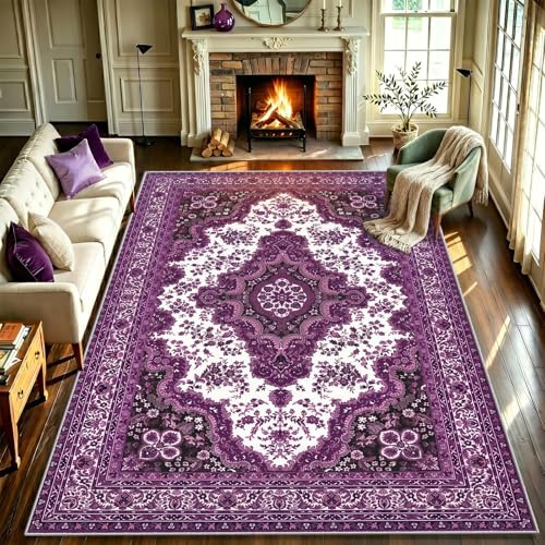 WUTONG Vintage Teppich Wohnzimmer160x230 cm Waschbar,Kurzflor Teppich Lila,rutschfest,Orientalisches Medaillon Muster aus Kaschmir-Imitat für Schlafzimmer