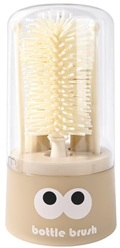 Bebamour 6-in-1 Baby Bottle Cleaning Set with Brushes, 2 Drying Racks & Storage Holder | Detachable Portable Cleaning System | BPA Free, Khaki
