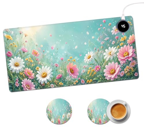 JANENFNA Heated Desk Pad with 2 Coasters, 15s Fast Warmth, 31.5x13 Large Mouse Pad, 3 Heat Levels & Timer, Waterproof PU Leather, Warm Desk Mat Set for Office Home Gaming, Soft Daisy Meadow