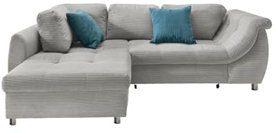 möbelando freiraum Polsterecke Allin – Ecksofa mit Liegefunktion, Cordbezug in Silber/Petrol, 250 cm, inkl. 4 Rückenkissen & 2 Zierkissen, robust & pflegeleicht