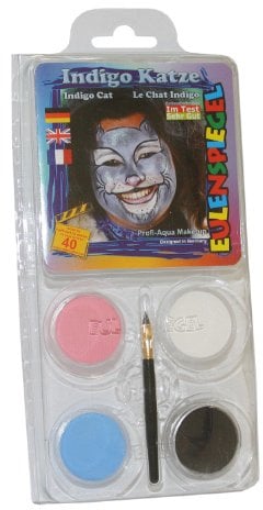 Eulenspiegel 204542 - Motiv-Set Indigo Katze, 4 Farben, 1 Pinsel, 1 Anleitung, für ca. 40 Masken, Karneval, Motto-Party
