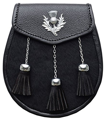Schottischer Sporran Schwarz Highland Diestel Leder mit 3 Fransen