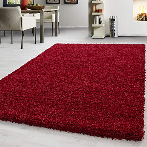 Teppium Moderner Hochflor Teppich Wohnzimmer 120 x 170 cm Rot - Shaggy Flauschiger Teppich, Extra Weich, Pflegeleicht und Einfarbig - für Schlafzimmer, Küche und Esszimmer