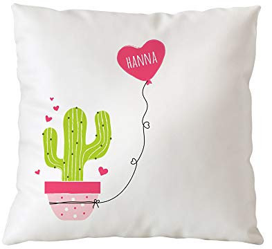 Casa Vivente – Weißes Sofakissen mit Aufdruck – Kaktus und Herzballon– Personalisiert mit Namen – Gemütliches satiniertes Kopfkissen – Geschenkidee für Freundin – Geburtstag – Valentinstag
