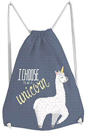 Turnbeutel Lama - I Choose to be a Unicorn, Vorderseite mit Motiv, Rückseite einfarbig, ca. 33 x 42 cm, blau / apricot