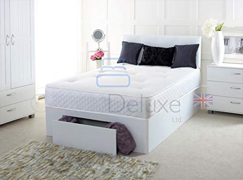 Comfy Deluxe LTD 4FT Small Double Bed Set with Memory Sprung Mattress - White Leather Divan Bed Frame with 20 Plain Headboard, Chrome Glider Feet & 4 Drawers - UK Made