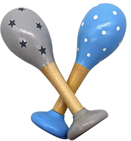 PREMYO Rassel Baby Musik Spielzeug - Holzspielzeug Maracas Babyspielzeug - Punkte Sterne Blau Grau
