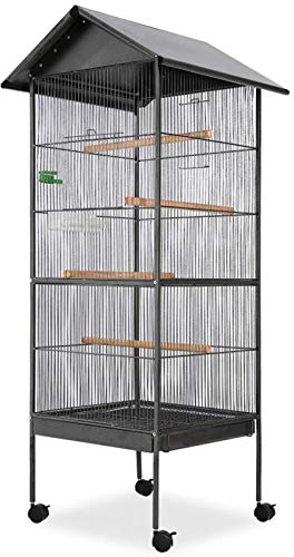 Tidyard Vogelkäfig Vogelbauer Voliere Mit Dach Vogelhaus Papageienkäfig 66x66x155 cm Mit 1 Futterschale und 1 Wasserspender,Vogelvoliere Wellensittichkäfig Mit 4 Holzstangen,Stahl
