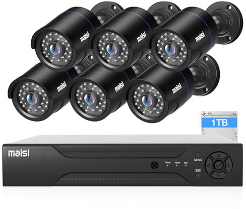 Maisi HD CCTV Camera System, 8 Channel 3K Security DVR with 6PCS 5MP Outdoor Cameras and 1TB Hard Drive (IP66 Waterproof, Continuous/Motion Recording, Mobile Viewing, APP Push/Email Alerts)