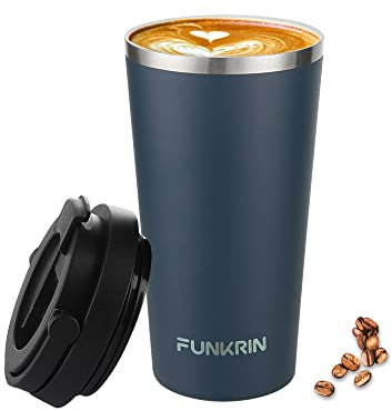 Funkrin Isolierter Kaffeebecher mit Keramikbeschichtung, 473 ml Vakuum Edelstahl Wein Tee Becher mit Deckel und Griff, doppelwandiger auslaufsicherer Thermobecher für Reisen, Büro, Party, Camping