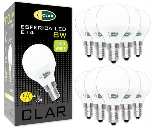 CLAR – Bombilla LED E14 8W, Casquillo Fino, Luz Fría 6500K, Bajo Consumo y Alta Eficiencia Energética (Pack 10)