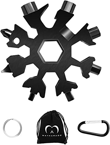 MATHARAGO Snowflake Multitool, 1pcs Snowflake Tool Stainless Steel 18 in 1 Snowflake Multitool with Carabiner Clip, Keyring and Storage Bag for Gift Men's Present(Black)