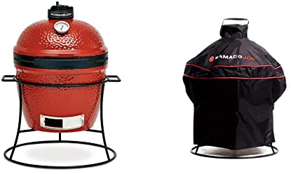 Kamado Joe Joe Jr. Barbacoa de carbón de cerámica en rojo fuego + Cubierta de la parrilla de carbón Kamado Joe® Joe Jr. en negro