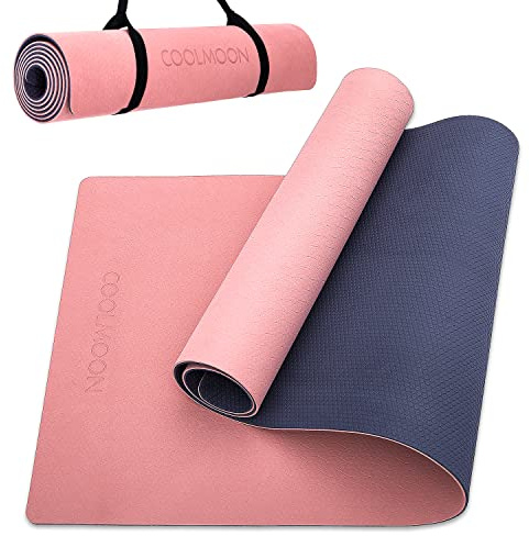 COOLMOON 1/4 Zoll extra dicke Yogamatte, doppelseitig, rutschfest, Yogamatte für Damen und Herren, Fitnessmatten mit Tragegurt, umweltfreundliche TPE Yogamatte, Pilates und Übungsmatte (Rosa)