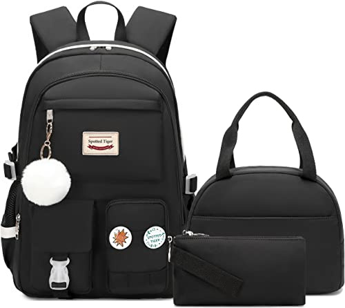 Spotted Tiger Schulrucksack für Mädchen Rucksack mit Lunchbox Anime Büchertasche Schultasche Kawaii Rucksack Set für Teen Mädchen, Schwarz, L