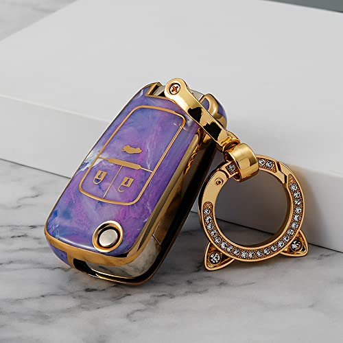ontto Autoschlüssel Hülle Cover Passt für Chevrolet Cruze Camaro Aveo Opel Vauxhall Adam Astra Insignia Corsa Cascada Klapp Schlüssel Case TPU mit Schlüsselanhänger Schlüssellbox 3 Tasten Lila