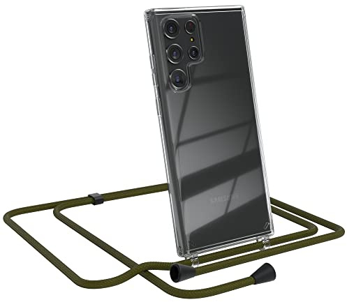 EAZY CASE Handykette kompatibel mit Samsung Galaxy S22 Ultra 5G Handyhülle mit Umhängeband, Handykordel mit Schutzhülle, Silikonhülle, Hülle, Stylische Kette für Smartphone, Grün - Clips Schwarz