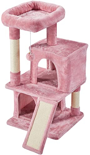 Yaheetech 3 Niveles Árbol Rascador para Gatos 49x45,5x92 cm Actividades para Gatos con Casas para Gato Plataforma y Poste Tablero para Rascar Rosa