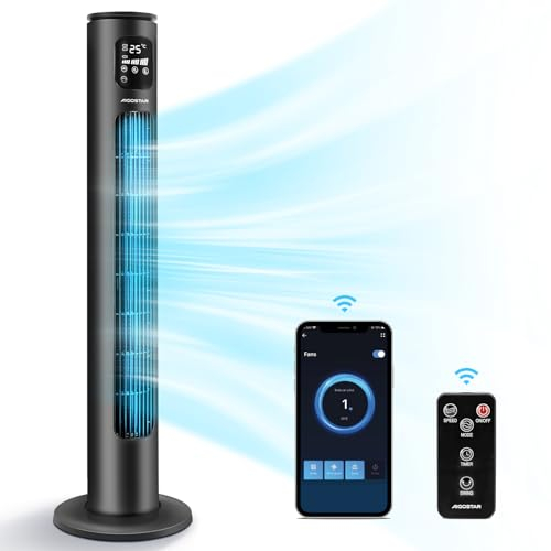 Aigostar Ventilador de Torre Inteligente con Mando a Distancia, 102 cm, WiFi+Bluetooth, Pantalla LED, 3 Velocidades, 3 Modos, Temporizador 24 H, Oscilante, Control App, Alexa y Google Home, Smart Ross