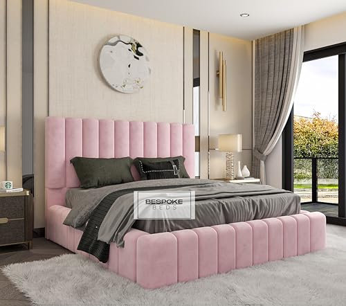 BESPOKE BEDS Ottoman Storage Bed Frame, Upholstered Bed Frame, Fabric Bed Frame - Plush & Naple Velvet (Pink Plush Velvet, 4FT Small Double)