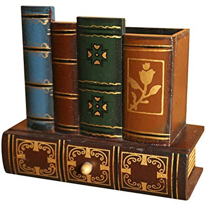 Katutude Tasse de Porte-Crayon de Stylo Vintage Pot a Crayon Bois Porte-Stylo de Livre Rétro Porte Stylo Multifonction 3 Compartiments Organisateur de Caddie de Rangement de Bureau avec Tiroir