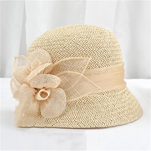 Disimlarl Sombreros de estilo británico para mujer, sombrero de paja para boda, sombrero de playa con flores milinarias
