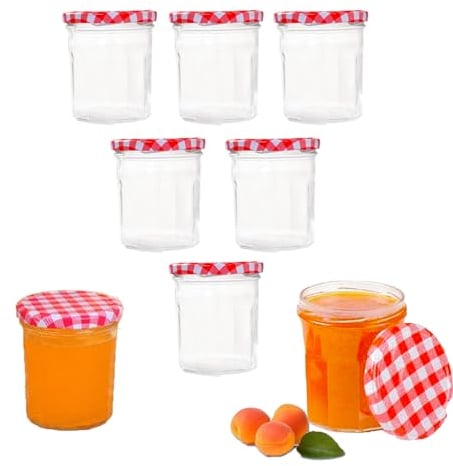 CTForest 50 ML, Lot de 8 Mini Bocal en Verre avec Couvercle, Pot Confiture Couvercle à Carreaux Rouges et Blancs, Peut être Utilisé Comme Bouteille de Lait, Bouteille de Boisson, Bouteille de Stockage