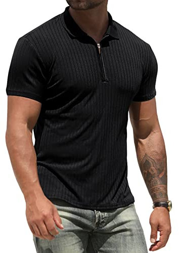 NITAGUT Men's Polo Shirts Sports Golf Tops Tennis Workout Performance Slim Fit Zip T-Shirts,Black,L