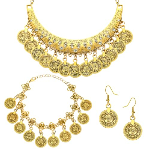 Wahrsagerin Schmuck Set, Indisch, Zigeuner Kostüm Accessoires, Gold Vintage Münze Schmuck 4 Stück Set für Piraten, Bauchtanz Dress Up, Boho-Stil Halsketten, Armbänder, Ohrringe für Frauen und Mädchen