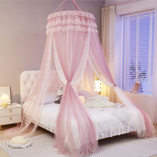 HUOQOU Prinzessinnen Betthimmel für Mädchen, Betthimmel Vorhang - Doppelschicht Durchsichtiges Netz Kuppel Betthimmel Rundes Spitzen Moskitonetz Zelt für Mädchen Schlafzimmer Dekoration(Rosa/Weiß-3)