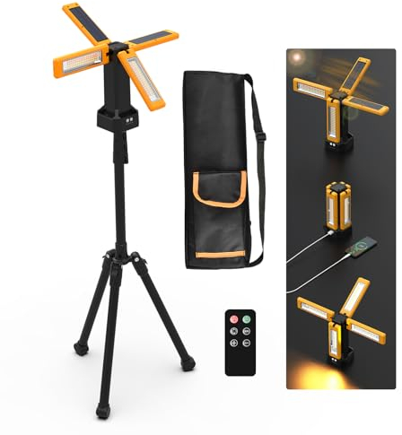 Projecteur de Chantier Solaire à LED Avec Trépied, Lampe de Chantier à Batterie Rechargeable 13200 mAh, Luminosité Maximale Jusqu'à 8000 Lumens (Orange avec Télécommande)