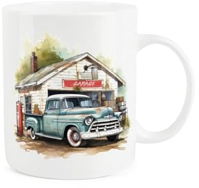 Purely Home Vintage Car Mug - Painted Watercolour Blue Classic Pickup Truck Countryside Garage Gift Present - Tea Coffee White Bone China Mug