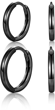 MASOP Ohrringe Schwarz, 2 Paar Creolen Set Silber 925 Stecker 10mm 12mm Damen Frauen Mädchen Herren Schlicht Basis Leicht