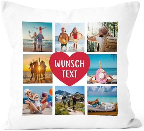 SpecialMe® Kissen-Bezug mit Foto Fotocollage bis zu 8 eigene Bilder Wunschtext Geschenk personalisierbar Baumwolle weiß Standard