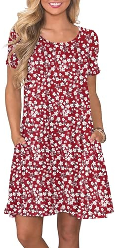 AUSELILY Damen Kleider Sommer Kurzarm Shirtkleider Kurz Sommerkleider Leicht Freizeitkleid mit Taschen Blumenrot L