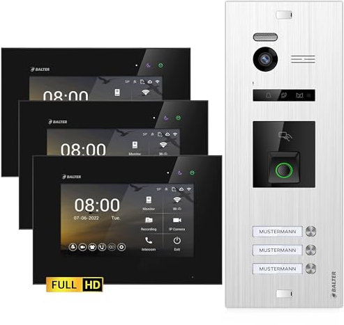 Balter EVO-HD Video Türsprechanlage mit Fingerprint, Video Türklingel, 3 Familienhaus, 2X 7 Zoll Monitore, Türklingel mit Kamera Full HD, 2 Draht Bus, 175° Weitwinkel, RFID,1080P