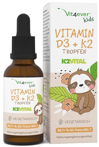 Gotas de vitamina D3 K2 para niños durante 300 días (10 meses) - 500 UI de vitamina D y 25μg de vitamina K2 - Altamente biodisponible gracias a Original K2VITAL® - Sin aditivos nocivos - Vitaminas par