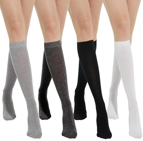 BABAHU Women's Cotton Knee High Socks,Casual Solid Knit Knee Fashion Socks 4 Pairs