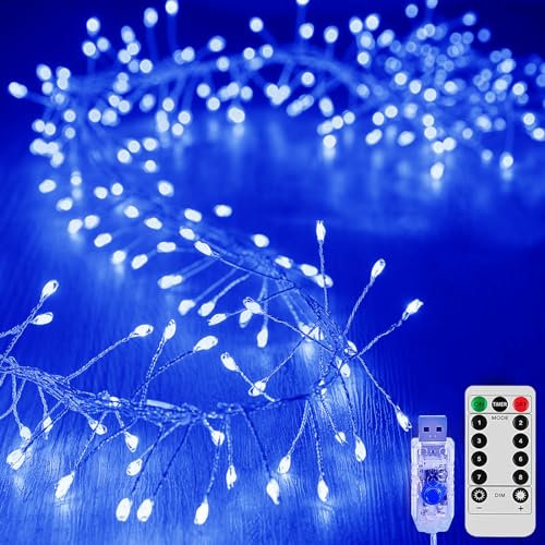 KINGCOO 12M 400LED Luci di Stringa Grappolo con Telecomando,Argento Filo Fuoco d'artificio Fate Catena Luminosa USB Alimentato per Giardino Matrimoni Esterno Interno Festa Natale (Blu)