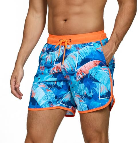 TMEOG Costume Uomo Mare Pantaloncini da Bagno Costumi da Piscina Surf Boxer Mare Costume da Spiaggia Bagno Vintage Pantaloncino Mare con Tasche e Coulisse(Foglie di Banana,XL)