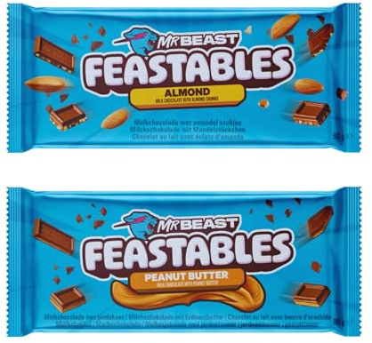 Feastables Mrbeast Milk Chocolate, Creamy Healthy Snack Individually Wrapped Bars for Dessert, Snacks Treats for Kids Small Gifts Presents (2× 60g, Almond & Peanut Butter)