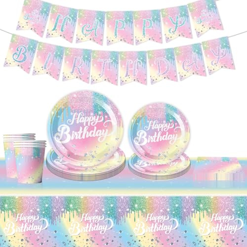 52pcs Pink Glitter Diamond Birthday Party Tableware Set, Girls Princess Birthday Baby Shower Party Supplies Decoration with Happy Birthday Banner Paper Plates Cups Napkins Tablecloths For 10 Guests