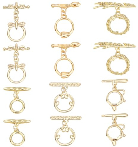 PH PandaHall 12 Sets 18K Gold Toggle Clasps, Jewellery Clasps 6 Styles OT Clasps T-bar Closure Clasps Fastener Clasps Ring Flower Teapot Toggle Connector for DIY Crafts Necklace Jewellery Making