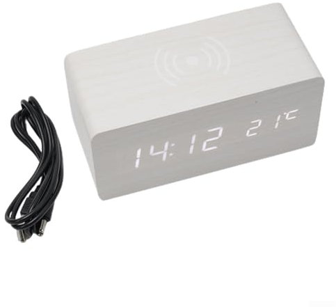 Yuanpgky Digitaler Wecker aus Holz mit kabelloser Ladestation, großem LED-Display Holzmaserung Wecker, Smart Sensor Nachtlicht, Schlummerfunktion und Temperatur (C)